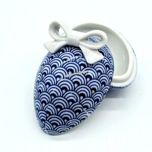 Vintage Enesco Blue Swirl White Bow Porcelain Egg Covered Trinket Box